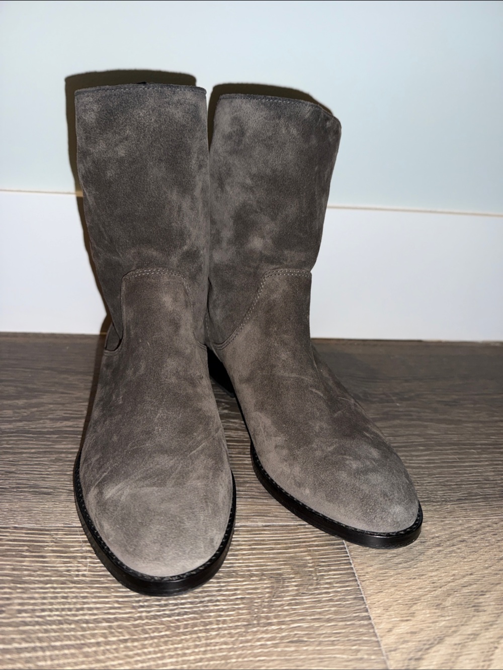 Via Spiga Charcoal Gray Suede Ankle Heeled Boots